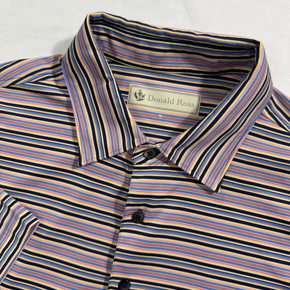 Donald Ross Mens Polo Shirt XL Colonial Logo Striped Multi Color EUC